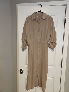Beige Button-Front Shirt Dress with Tie Sleeves